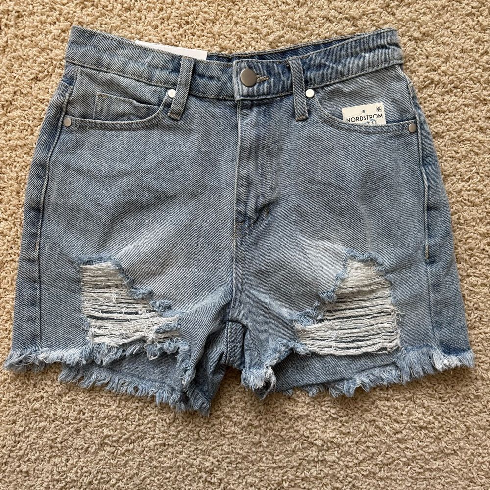 NORDSTROM BP NWT High Rise Jean Shorts Distressed Denim Raw Hem Blue Size 24
